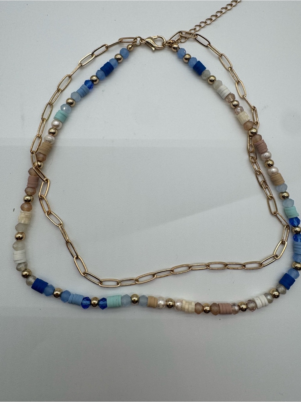 Anthropologie Layered Beaded Gold Chain Necklace - Blue & Neutral